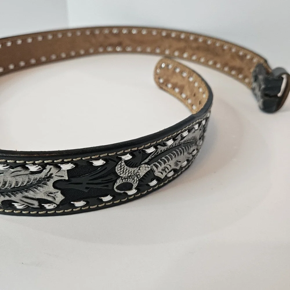 Vtg Bocephus Mallory Tooled Leather Western Cowboy Belt Black Sz 40 No Buckle
